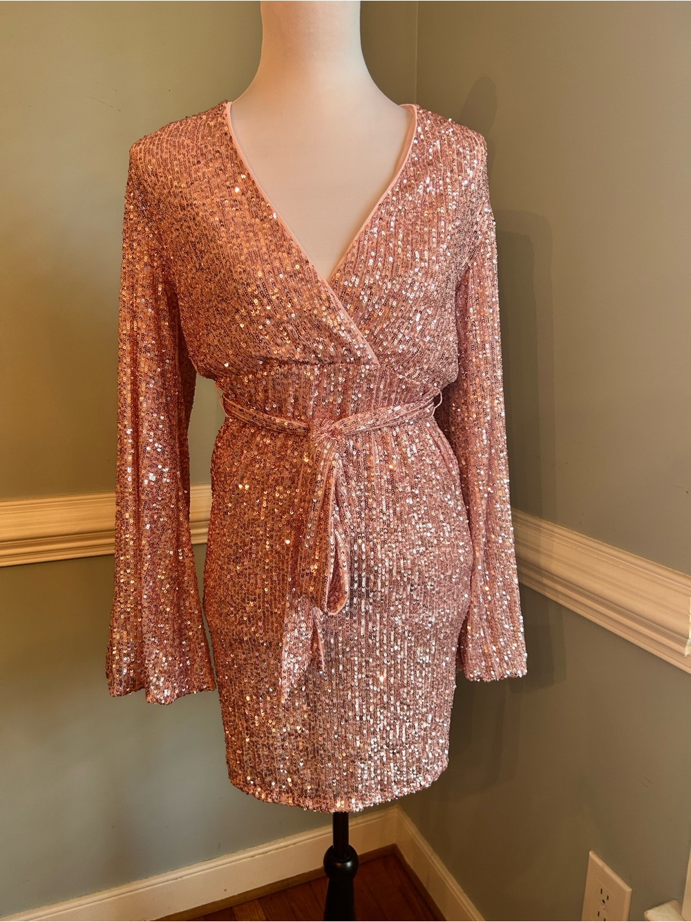 bebe Rose Gold Sequin Wrap Mini Dress